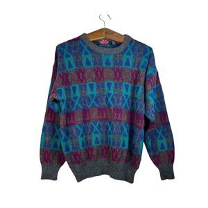 Vintage CRT & CO Mens Geometric Colorful 90s Y2K Acrylic Wool Sweater Size M